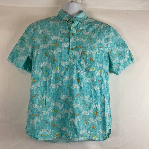 Chubbies Men's Shirt L Aqua White Orange Yellow Half Button Short Sleeve Zebra - Picture 1 of 10